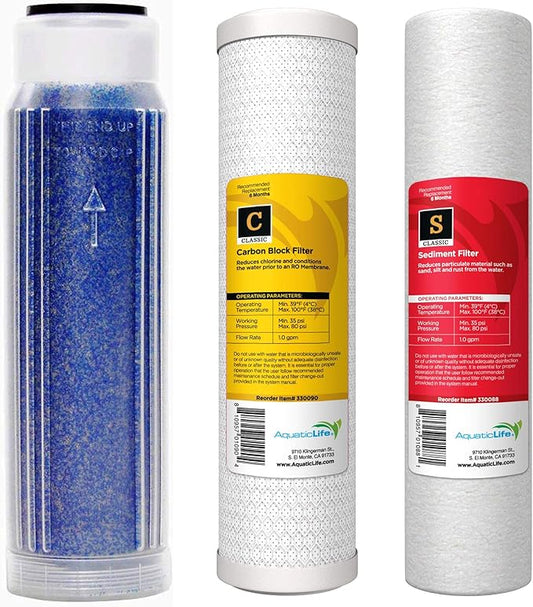 CFS – Reverse Osmosis Deionization 10" Replacement Filter Kit Includes Sediment, Carbon, Color Indicating DI Cartridges Compatible with Aquatic Life – Removes Bad Taste (Filter Kit)