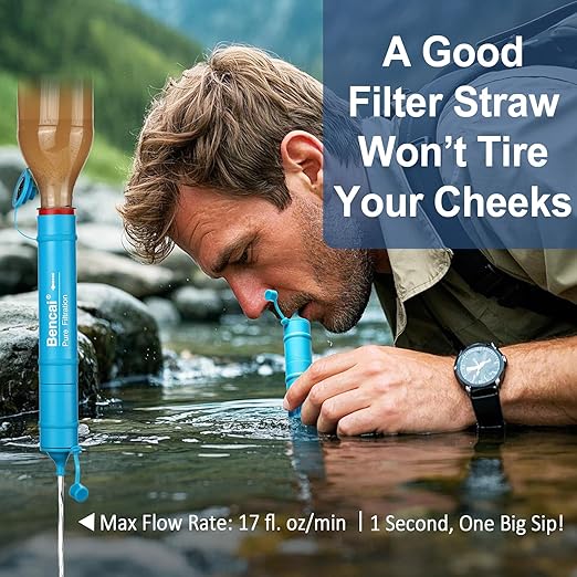 Detachable Straw Water Filter - Backwashable, Portable Water Filter for Camping, Hiking, Survival & Emergencies, Built-in Compass, 1-Pack