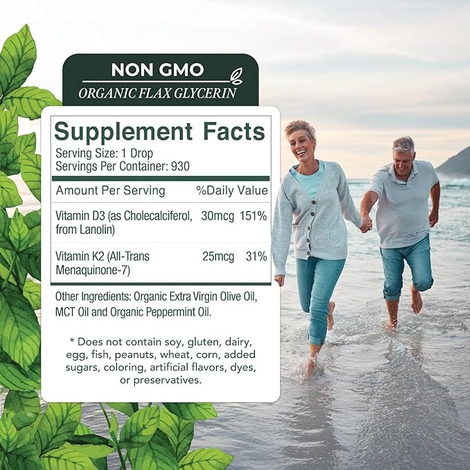 LiveWise Naturals Vitamin D3 with K2 Liquid Drops, All Natural, Non-GMO, USA Made, 1208 IU Vitamin D3 & 25 mcg K2, Supports Bone Health and Energy Levels, Infused with Peppermint, Olive, and MCT Oil