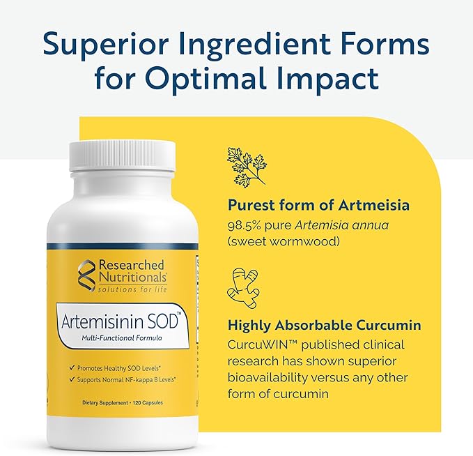 Researched Nutritionals Artemisinin SOD - Immune Support Supplement with Artemisinin, Green Tea Extract, Quercetin, Turmeric Curcumin & Black Walnut (120 Capsules)