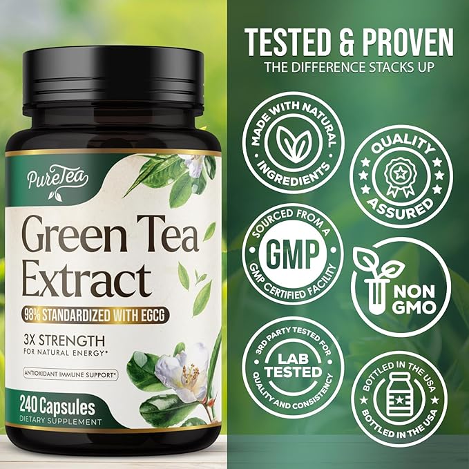 Green Tea Extract Capsules 1000mg with 98% Standardized Polyphenols & 45% EGCG for Heart Support with Antioxidants - 3X Absorption Green Tea Pills for Natural Energy, Gentle Caffeine - 240 Capsules