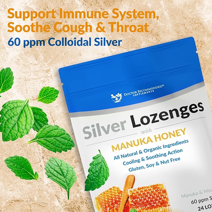 Silver Lozenges with Organic Manuka Honey and Vitamin C - All-Natural Nano Silver 45-50mcg of 60 PPM Colloidal Silver Mineral Drops to Support Immune System, Soothe, Cool Cough & Throat, 24-Lozenges