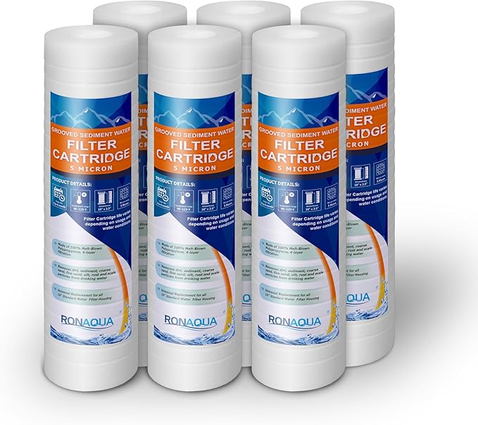 Grooved Sediment Water Filter Cartridge by Ronaqua 10"x 2.5", Four Layers of Filtration, Removes Sand, Dirt, Silt, Rust, made from Polypropylene (6 Pack, 5 Micron)