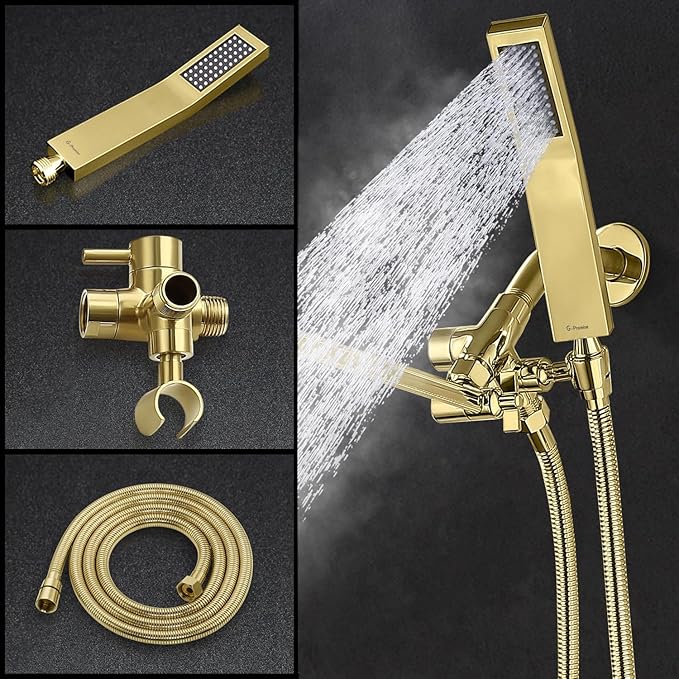 G-Promise All Metal 10" Dual Square Shower Head Combo | Rain Shower Head | Handheld Shower Wand | Adjustable | 3-Way Diverter | 71" Extra Long Hose - A Bathroom Upgrade (Polished Brass)