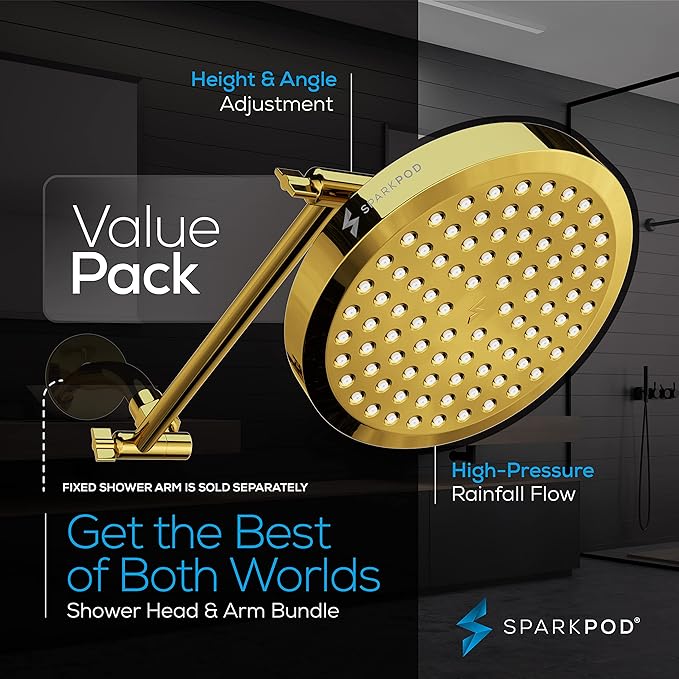SparkPod Round Rain Shower Head with Extension Arm - Height Adjustable Shower Head with High Pressure Performance - Easy 1-Minute Installation (11" Arm Extension, Egyptian Gold)