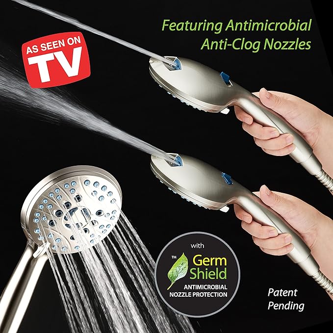 Hotel Spa AquaCare As-Seen-On-TV High Pressure 50-mode Rain & Handheld 3-way Shower Head Combo - Anti-clog Nozzles/Tub, Tile & Pet Power Wash/Extra Long 6 ft. Stainless Steel Hose/Nickel Finish