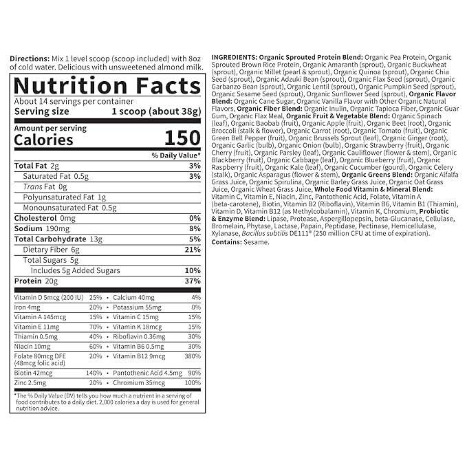Tasty Organic Lightly Sweet Meal Replacement Shake Vegan - Garden of Life 20g Complete Plant Based Protein, Greens, Rice Protein, Pro & Prebiotics for Easy Digestion, Non-GMO Gluten-Free, 1.2 LB