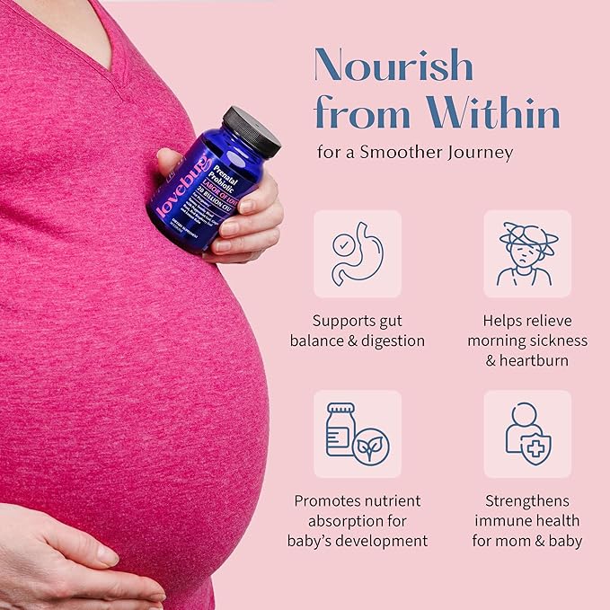 LOVEBUG Prenatal Probiotic Supplement - 7 Probiotics & Prenatal Vitamins for Women, 20 Billion CFU, with Soothing Peppermint, Ginger, Raspberry Leaf and Lemon Balm. 30 Capsules