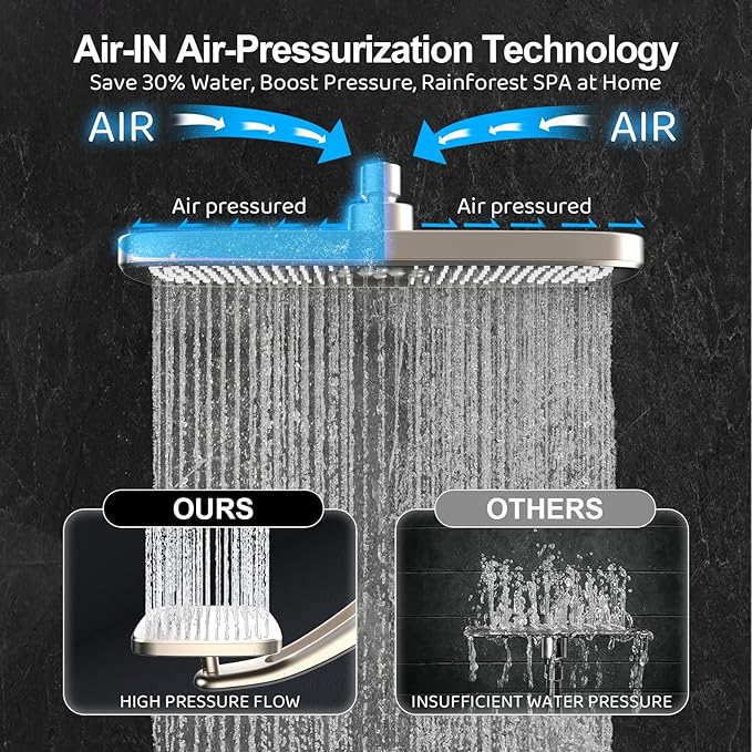 Rain Shower Head with Handheld High Pressure rainfall Shower Heads with Handheld Spray Combo Adjustable one-piece stand daul shower head Built-in Magnetic Docking and Power Jets