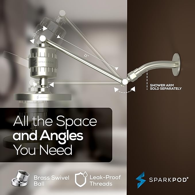 SparkPod 6" High Pressure Rain Shower Head with 23 Stage Filter Capsule & 11 Inch Adjustable Shower Arm Extension - Shower Filter Reduces Chlorine for Smoother Hair & Skin (Round, Brushed Nickel)