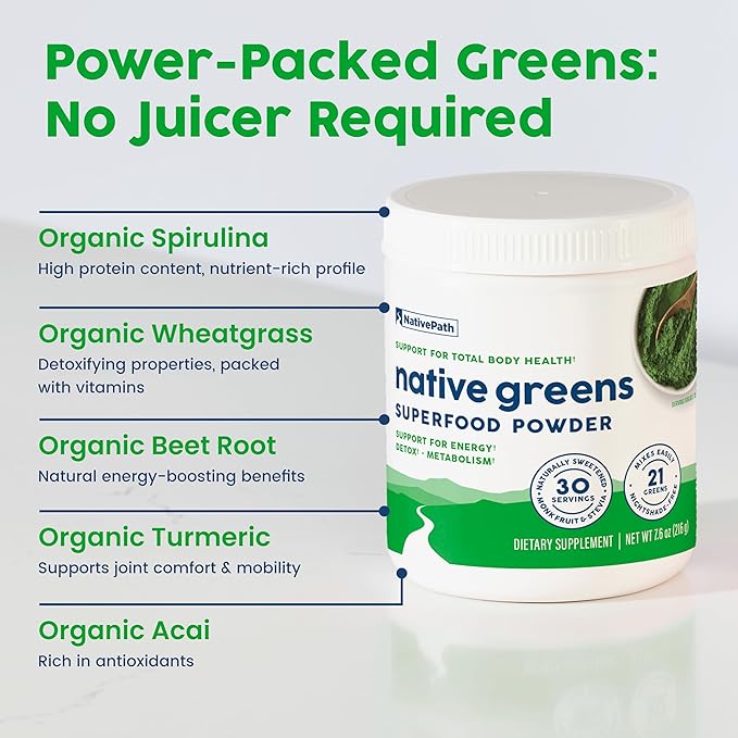 NativePath Native Greens Superfood Powder – Organic Greens, Spirulina, Beet Root Powder, Digestive Enzymes, Probiotics, Nightshade-Free, Naturally Sweetened, 30 Servings