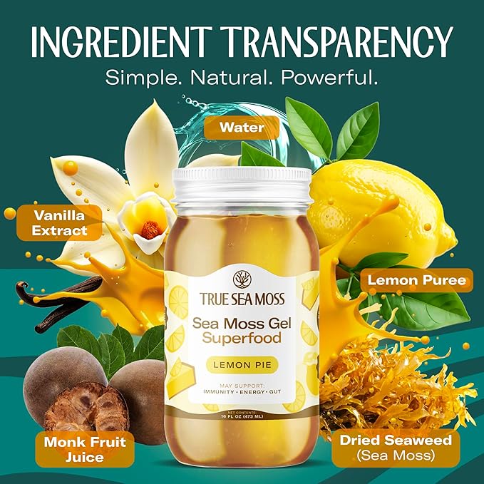 TrueSeaMoss Sea Moss Gel – Made in USA – Wildcrafted Seamoss, Fresh Fruits & Sea Vegetables – Lemon Pie, Pack of 2 (Labels May Vary)
