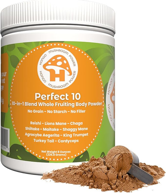 Hongo Mushroom Power - Perfect 10 Mushroom Complex Powder - Lions Mane, Reishi, Cordyceps, Chaga, Turkey Tail, Maitake Supplements - for Immunity, Energy, Memory & Focus - (8 Ounce Jar)