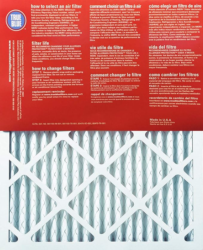True Blue 20x25x1 MERV 11 Allergen Air Filter (4-Pack) | Electrostatic Pleated HVAC AC Furnace Air Filter | Replacement Filter for Home Use | Made in USA