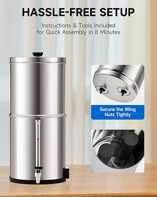 CO-Z Gravity-Fed Water Filter System, 2.25 gal UV Countertop Water Filtration System, Stainless Steel Water Purifier with 2 Carbon Filters, Water Level Spigot, Chamber Stand, NSF/ANSI 42 Certification