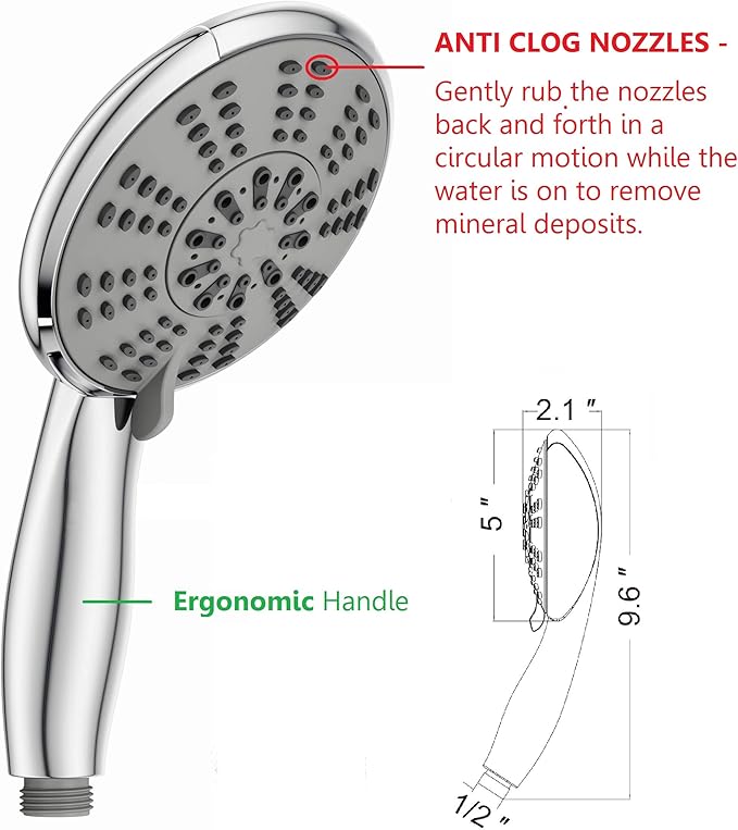 5-Inch Anti-Clog High Pressure 3-Way LARGE Dual Shower Head with Handheld Spray - 5-Spray Setting/BRASS CONNECTOR/5 Ft Stainless Steel Hose/All Chrome (SS5450CCP)