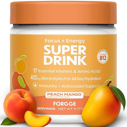 Forgge Energy Booster Super Drink - Clean Caffeine + B12, B6, C & D Vitamins - Sugar Free Energy Drink Powder with Electrolytes, Amino Acids, Antioxidants, Lions Mane - Vegan, Keto-Friendly - 30 SVG, Peach Mango