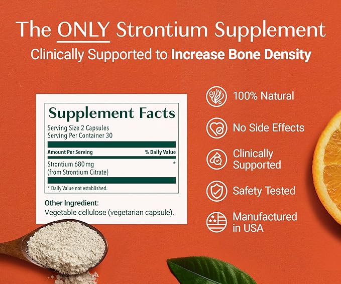 AlgaeCal - Strontium Boost, Natural Calcium Supplement for Bone Density Increase, Strontium Citrate 680 mg, Easy to Swallow for Bone Health & Bone Strength, Gluten-Free - 60 Veggie Caps- Made in USA