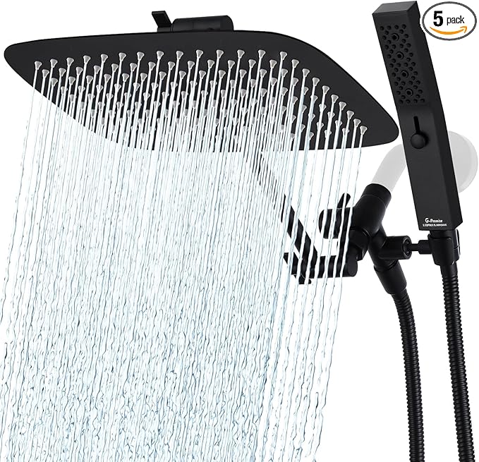 G-Promise All Metal 12 Inch Dual Square Shower Head with Handheld Spray Combo, Rain Shower Head, Adjustable Extension Arm, 3-Way Diverter, 71 Inch Extra Long Hose - A Bathroom Upgrade (Matte Black)