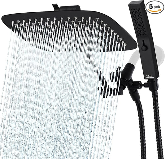 G-Promise All Metal 12 Inch Dual Square Shower Head with Handheld Spray Combo, Rain Shower Head, Adjustable Extension Arm, 3-Way Diverter, 71 Inch Extra Long Hose - A Bathroom Upgrade (Matte Black)
