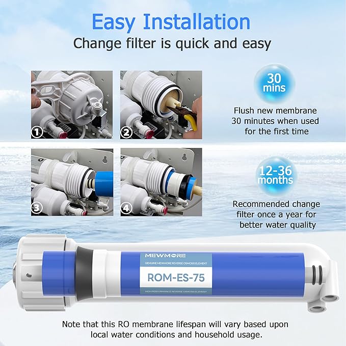 75 GPD RO Membrane Filter with Housing, Replacement Reverse Osmosis Membrane Fit Home Under Sink RO Drinking Water Filter Purifier Filtration System with Wrench, 1/4" Fitting, Check Valve