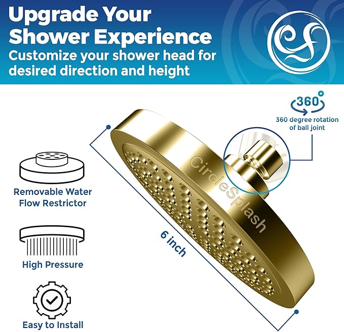High Pressure Shower Head - Anti-Clogging Silicone Nozzles - 2.5 GPM Removable Restrictor - Easy to Clean Adjustable Replacement - easy to install with Plumbers Tape - 6 inch - Elegant Gold Finish