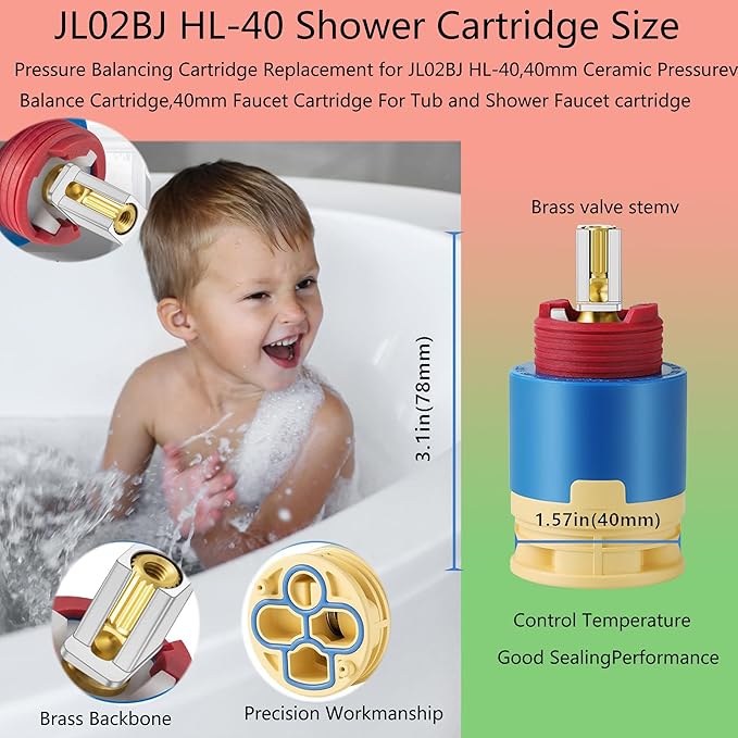 HAIN-YO Pressure Balancing Cartridge Replacement for JL02BJ, 40mm Ceramic Pressure Balance Cartridge,40mm Faucet Cartridge For Tub and Shower Faucet cartridge,Sturdy Core Copper (JL02BJ)