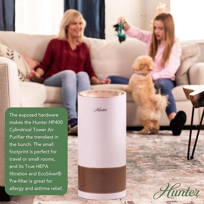 Hunter Fan Company HP400 Round Tower Air Purifier for Small Rooms, Featuring True HEPA Filtration and EcoSilver® Pre-Filter for Allergy and Asthma Relief, White and Silver