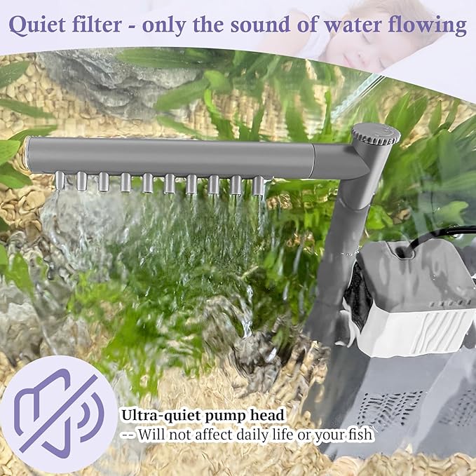 10W 130GPH Powerful Aquarium Filter for 10-35Gal Fish Tank, Adjustable Filter with Biochemical Sponge, Submersible Fish/Turtle Water Filters, Filtration/Oxygenation/Water Cycle 3in1 Filter