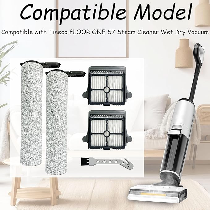 S7 Steam Brush Rollers and Filters, Replacement Parts for Tineco Floor ONE S7 Steam Cordless Wet Dry Vacuum Steam Mop All-in-One, 2 Pack Brush Rolls & HEPA Filters + 1 Pack Cleaning Tool
