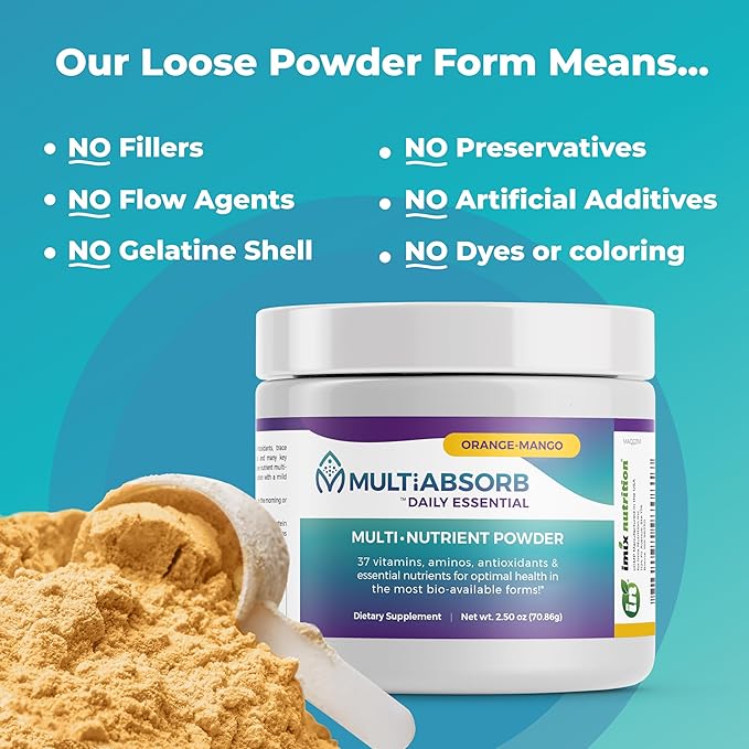 MultiAbsorb~Daily Essential, Multi-Nutrient Powder for Optimal Health, Vitamins, Minerals, Antioxidants, No Fillers or Preservatives, Natural, Non-GMO, 30 Servings (Orange-Mango)
