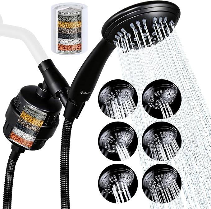 G-Promise Luxury Filtered Handheld Shower Head, 6 setting with Effective Filter of 2 Cartridges, Adjustable Metal Bracket, Extra Long Hose (Matte Black)