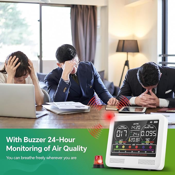 16-in-1 Air Quality Monitor Indoor with 7AQI Beep Alarm, CO2 Monitor, Air Quality Detector with PM1.0 | PM2.5 | PM10 | Temp | HUM | Formaldehyde | VOC Tester for Home Office Plant (Pearly White)