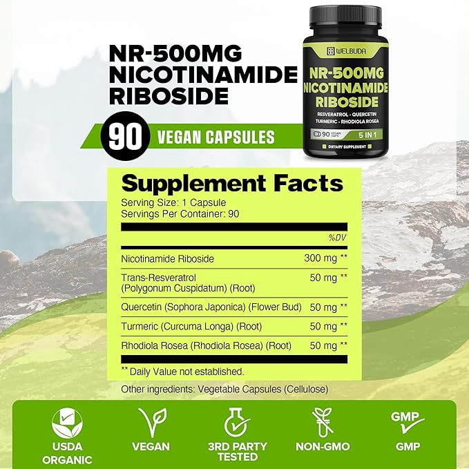 5in1+ Nicotinamide Riboside Supplement with Resveratrol, Quercetin, Turmeric, Rhodiola Rosea - 90 Count for 90 Days