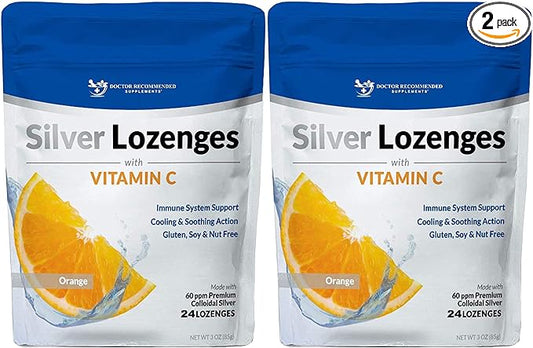 Silver Lozenges with Vitamin C - Premium Nano Silver 60 PPM Colloidal Silver, Organic Honey and Vitamin C Mineral Supplement Drops to Support Immune System, Soothe Cough & Throat - Pack of 2