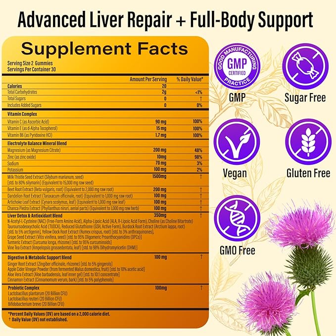 Liver Cleanse Detox & Repair Gummies - 29-in-1 1500mg Milk Thistle Supplement with Beetroot Dandelion Artichoke, Vegan Gummy with NAC TUDCA Vitamins Supports Immune, Boosts Energy, Gut Health, 60 ct