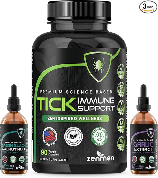 Zenmen Post Tick Bite Support Lite Bundle - Post Contact Protocol - 1 Tick Immune Support + 1 Garlic Tincture + 1 Green Black Walnut Tincture