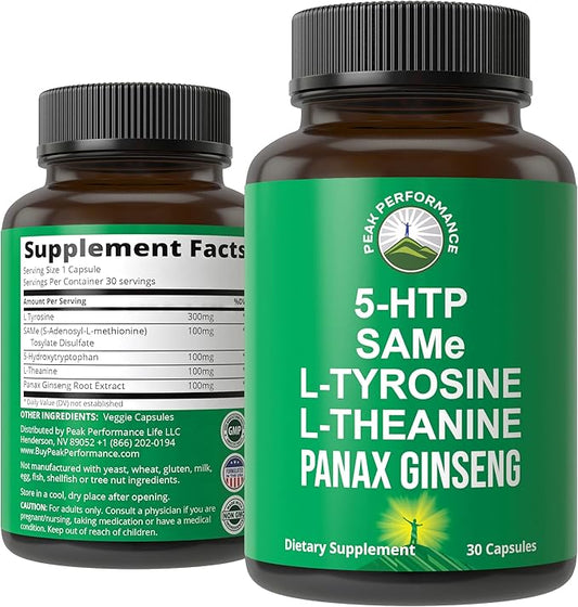 Peak Performance Mood Support Supplement with 5 Top Ingredients: 5HTP, SAM e, L Tyrosine, L Theanine, and Panax Ginseng. Calm, Focus, Relaxation Supplements. Vegan