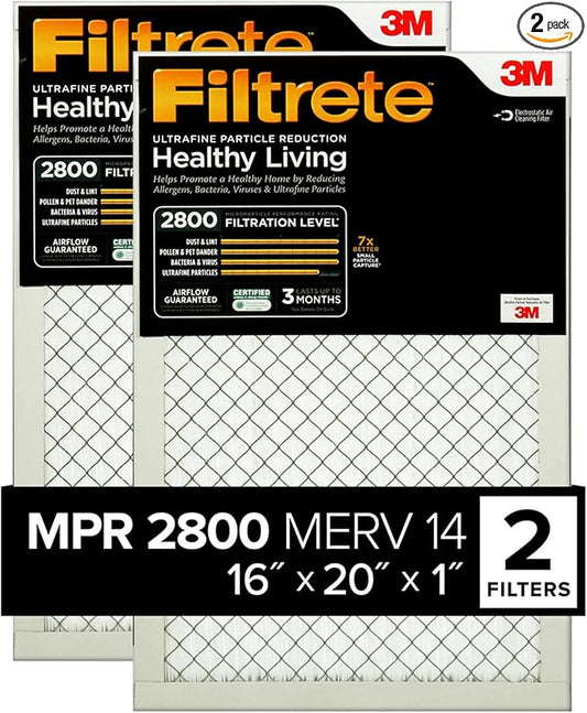 Filtrete 16x20x1 Air Filter, MPR 2800, MERV 14, Healthy Living Ultrafine Particle Reduction 3-Month Pleated 1-Inch Air Filters, 2 Filters