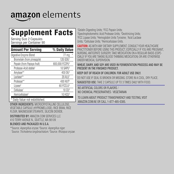 Amazon Elements Digestive Enzyme Complex Capsule, Supports Healthy Digestion, 180 count capsules, 90 Servings (Previously Revly)
