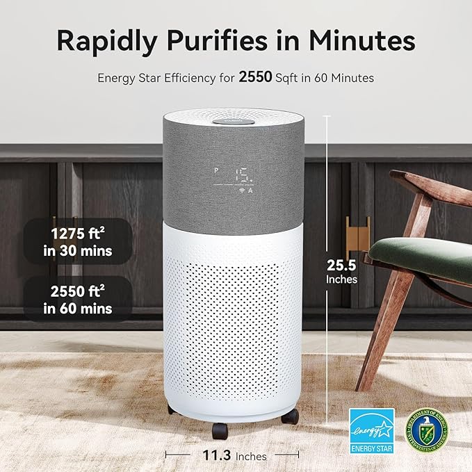 CleanForce Air Purifier for Large Rooms Up to 2550 ft², H13 HEPA Air Cleaner with Sleep Mode, Ideal for Home and Offices, Alexa Compatible, Removes Dust, Allergens, and Odors, Gray, New Edition