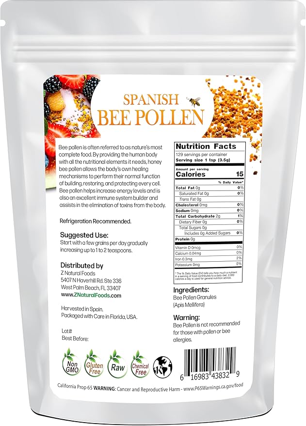 Z Natural Foods Spanish Bee Pollen Granules - Pure & Raw Pollen Granule, Product of Spain - Nutrient-Dense for Energy & Immune Support - Aromatic Sweet Flavor, Sprinkle on Salads & Smoothies, 1lb