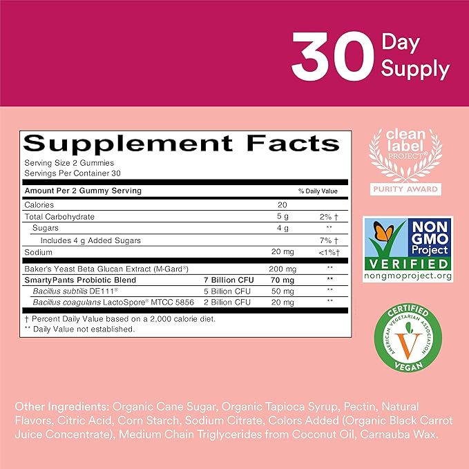 SmartyPants Adult Probiotic & Prebiotic Gummies for Digestive Health: Gut Health Supplement, Clinically Studied Prebiotic for Immune Support, Strawberry, 60 Count (30 Day Supply)