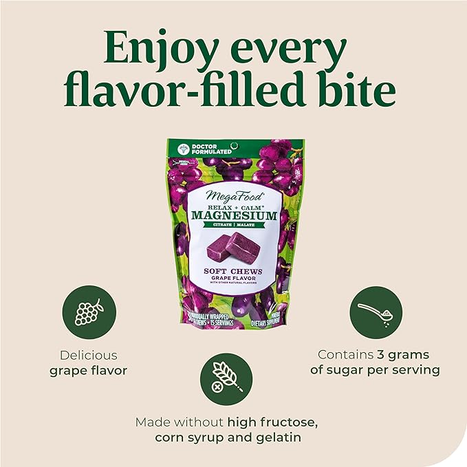 MegaFood Relax + Calm Magnesium Supplement -Soft Chews with Magnesium Citrate & Magnesium Malate - Grape-Flavor - Dr Formulated - Vegetarian - Without 9 Food Allergens - 30 Chews (Pack of 2)