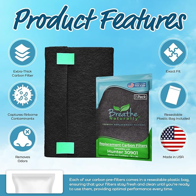 Breathe Naturally Replacement Carbon Pre-Filters Compatible with Hunter 30901, HEPAtech and QuietFlo Air Purifier - Activated Charcoal Filter Sheet - 16" x 30"x 0.2" (Pack of 1, Carbon Prefilters)