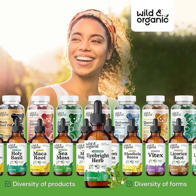 Wild & Organic Eyebright Herb Tincture - Eye Support with Eyebright Supplement - Dietary Euphrasia Extract Liquid Drops - Vegan, Sugar Alcohol-Free - 2 fl oz
