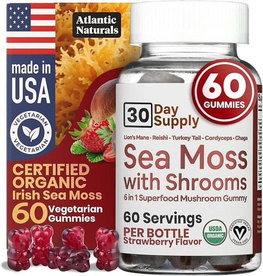 Atlantic Naturals Sea Moss with Mushrooms - Mushroom Gummies Supplement - Organic Superfood with Irish Moss, Lion's Mane, Reishi, Cordyceps, Chaga & Turkey Tail - Focus, Energy, Immune Health - 60 ct