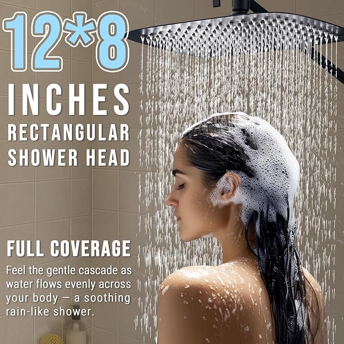 G-Promise All Metal 12 Inch Dual Square Shower Head with Handheld Spray Combo, Rain Shower Head, Adjustable Extension Arm, 3-Way Diverter, 71 Inch Extra Long Hose - A Bathroom Upgrade (Matte Black)