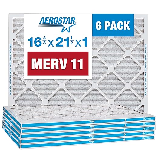 Aerostar 16.375x21.5x1 MERV 11 - 6 Count - Pleated HVAC, Furnace & Air Conditioner Filters - Removes Dust, Cold & Flu Germs, Lint, Mold, Pet Dander, Allergy-Causing Pollen, Smog & Smoke
