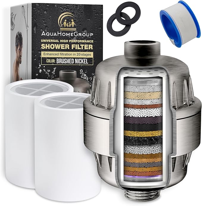 AquaHomeGroup 20 Stage Shower Head Filter with Vitamin C E A for Hard Water - High Output Filter to Remove Chlorine and Fluoride - 2 Replacement Cartridges - Consistent Flow Showerhead Filter